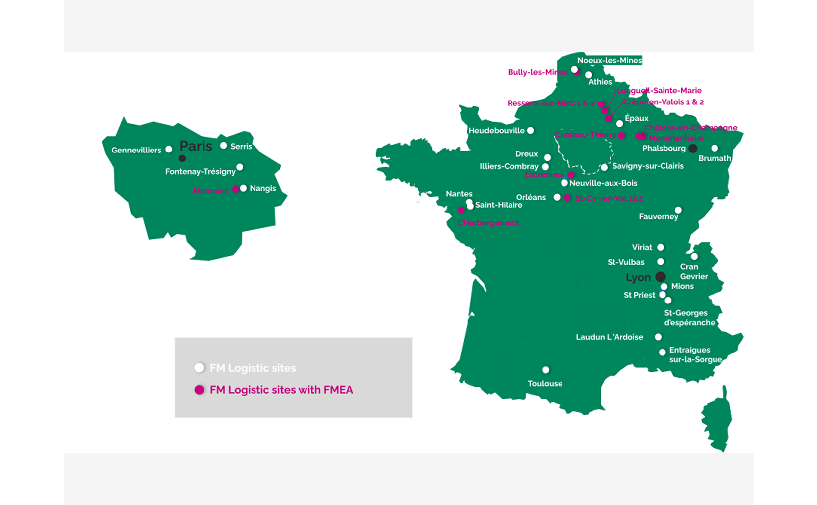 Map of France showing warehouse locations: FM Logistic sites are marked in white, while sites employing FMEA (FM Adapted Enterprises) staff are highlighted in pink. Locations are spread across the country, with a zoomed view of the Paris region.