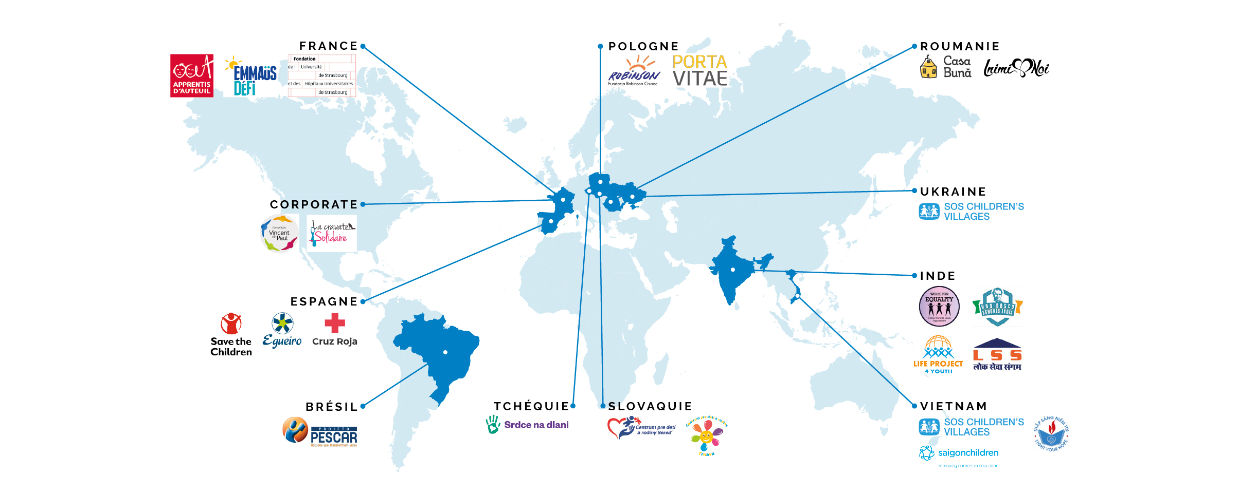 Carte des partenaires FM Foundation répartis sur tous les pays FM Logistic, carte en français