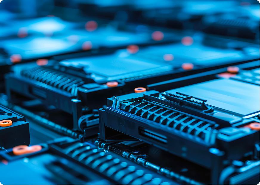 Gros plan sur des modules de batteries lithium-ion disposés dans une installation logistique, illustrant la manutention à grande échelle des batteries et les chaînes d'approvisionnement en énergie.