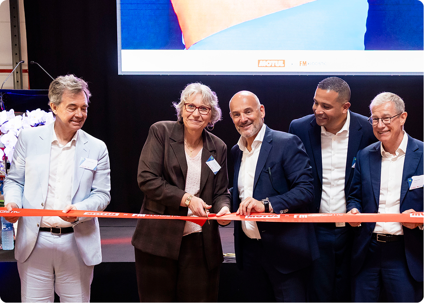 FM Logistic and Motul executives inaugurate the new 45,000-square-meter logistics hub in Nangis, France, dedicated to international operations.
