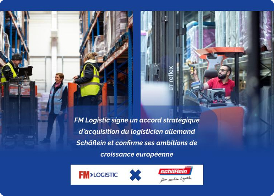 FM Logistic en Schäflein: medewerkers in de magazijnen van FM Logistic en Schäflein, die de strategische overname van de Duitse logistiek door FM Logistic illustreren. Franse versie.