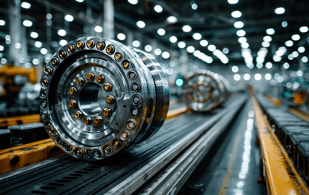  Industrial metal equipment on a production line in a factory.