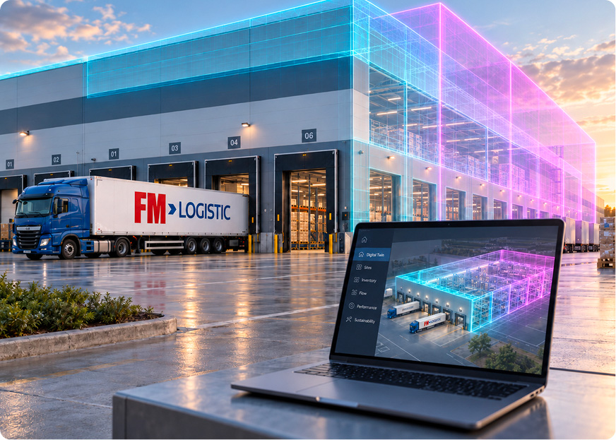 Jumeau numérique d’un entrepôt FM Logistic avec modèle virtuel en temps réel et camion logistique
